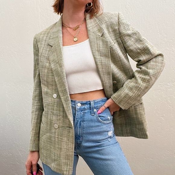 Vintage 1970s/80s Green Tweed Boyfriend Blazer Jacket - Picture 1 of 8